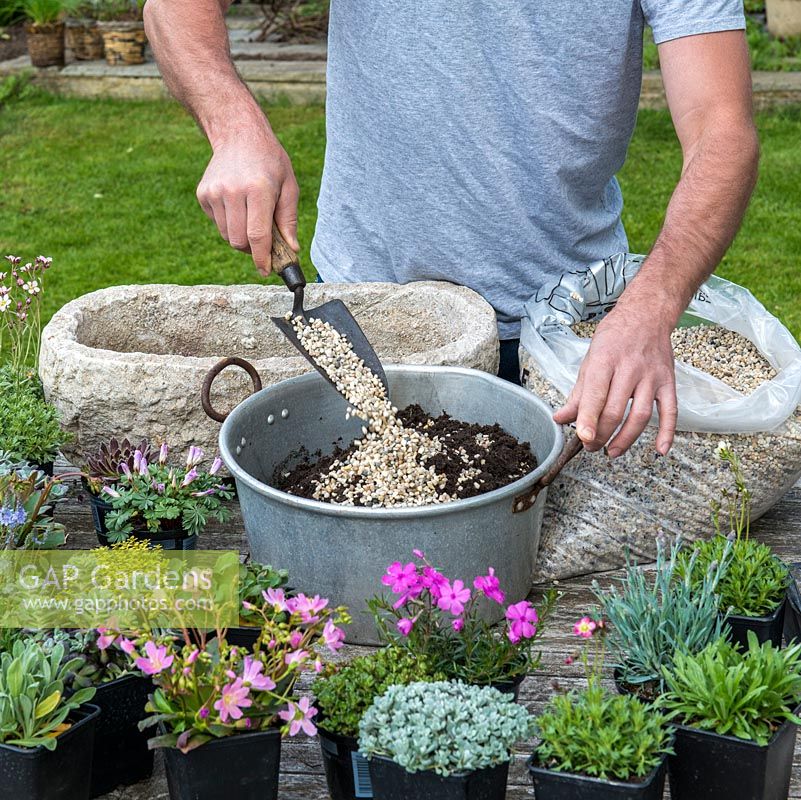 Practical step-by-step guide to planting a stone alpine trough with rock plants. Rock plants need good drainage, so mix half John Innes No. 2 compost with half grit.