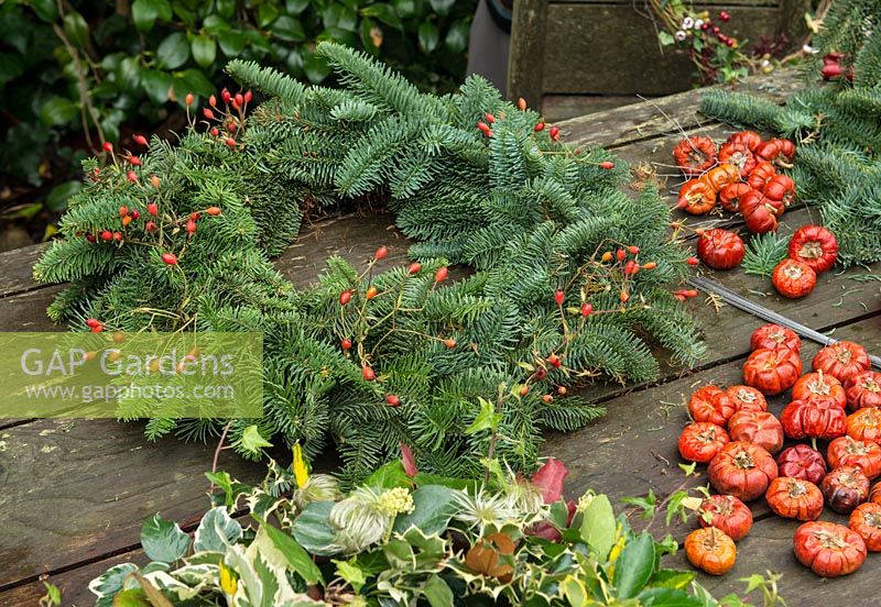 Christmas wreath made using a 40cm wire wreath frame, sphagnum moss, spruce, dried pumpkins, rose hips and ribbon. Rose hips' stems have been pushed through the moss, and deep into the moss to hold in place.