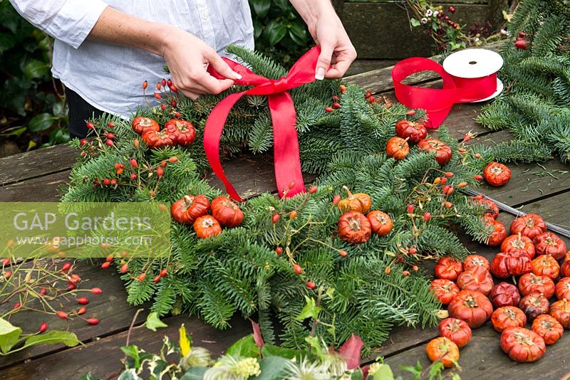 Step-by-step practical demonstration, showing how to make a Christmas wreath using a 40cm wire wreath frame, sphagnum moss, spruce, and rose hips and dried pumpkins held on lengths of florists' wire, both of whichh are held in place by the moss. The final touch is added - a red ribbon.