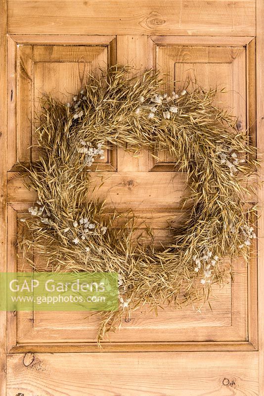 Simple Christmas wreath on front door that blends beautifully with the wood. A wire wreath frame is covered in lengths of golden grass, sprayed gold, and secured in place with florists' wire. It is then punctuated with sprays of quaking grass, sprayed silver.