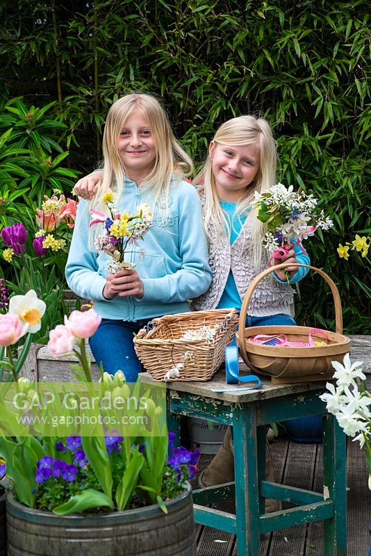Mother's day posie step by step in April. Two sisters with posies of freshly picked garden flowers - pink Clematis armandii 'Apple Blossom', white amelanchier, daffodils, grape hyacinths, snowflakes, hellebores, lungwort, pear blossom and pink tulips.
