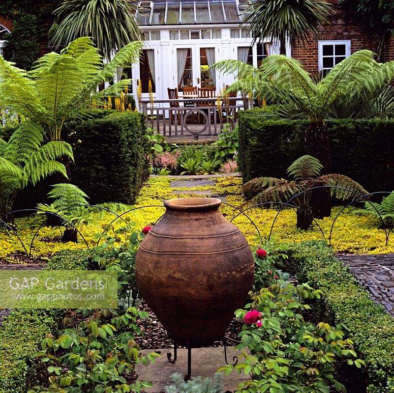 Large old terracotta urn sits at centre of rose garden, creating a focal point from the terrace in the distance, partly framed by tree ferns.