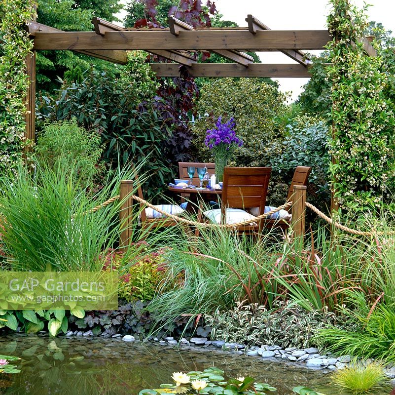 Wooden pergola covered in fragrant Trachelospermum jasminoides, beside pool edged in sage, hosta, astilbe and grasses. Dining area enclosed in evergreen shrubs.