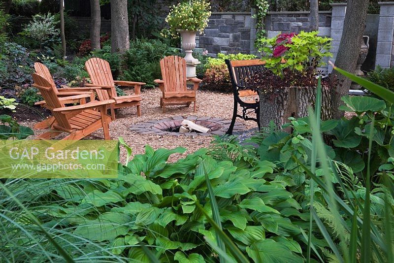 Hosta plants and wooden adirondack chairs next to a fire pit in backyard garden in summer, Jardin Secret garden, Quebec, Canada