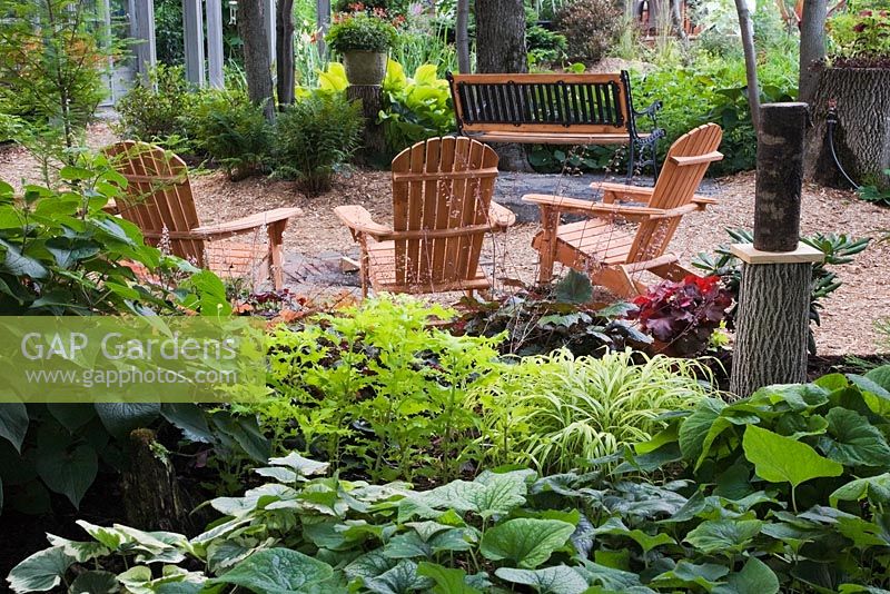 Hosta plants and wooden adirondack chairs next to fire pit in backyard garden in summer, Jardin Secret garden, Quebec, Canada