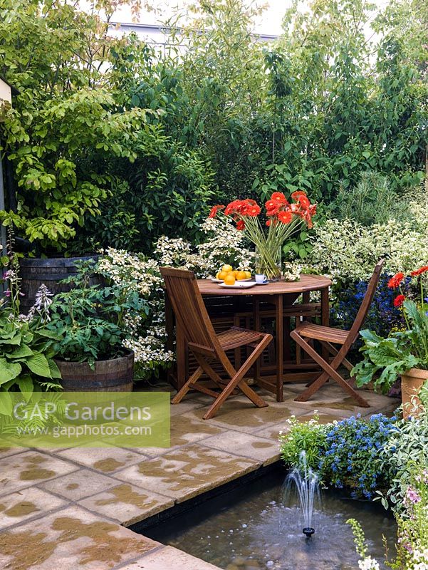 Edged in foliage, table laid with fruit and vase of gerbera. Paved terrace, sunken pool with fountain. Planting - dogwood, hydrangea, ceanothus, diascia, alyssum.