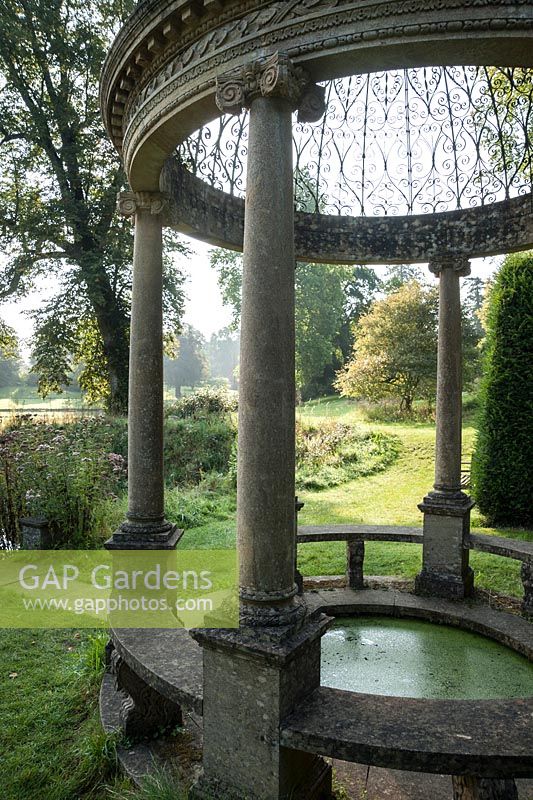 Ionic Tempietto, a small circular temple, at the head of the Long Pond, contains a small circular pond. Forde Abbey, nr Chard, Dorset, UK