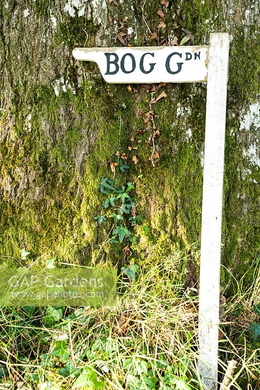 Sign to the bog garden. Forde Abbey, nr Chard, Dorset, UK