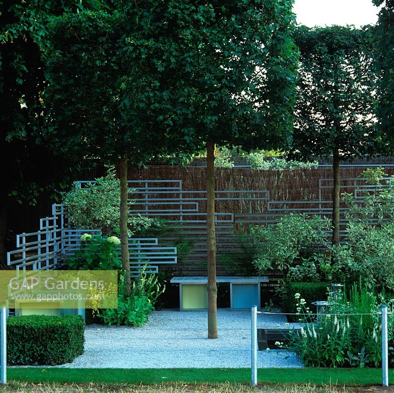 Clever use of functional materials in modern courtyard. Galvanised metal seats and screens. Calm colours - silver, white, green. Acer campestre, box,  dogwood.