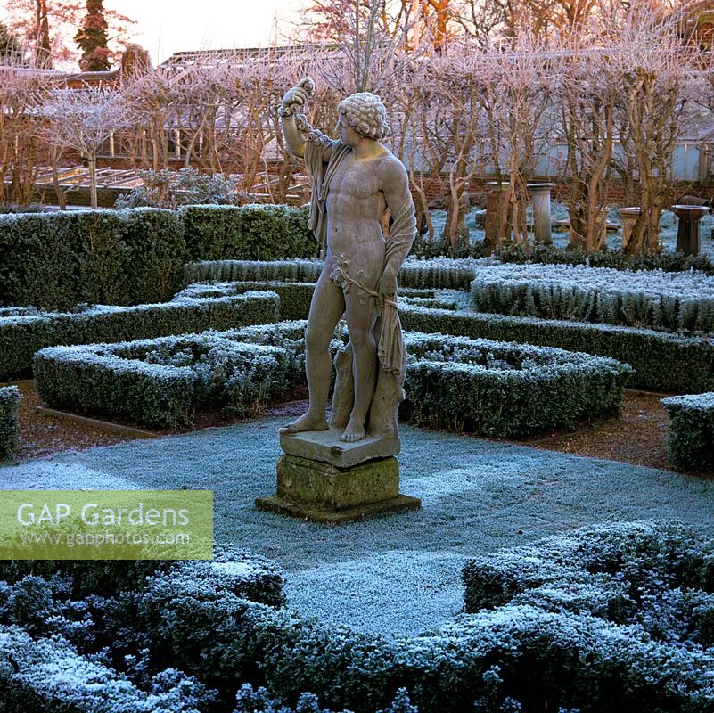 At dawn, C18 stone Apollo by Peter Van Baurscheit overlooks formal parterre of low, clipped box hedges. Behind, line of bare Ginkgo biloba.