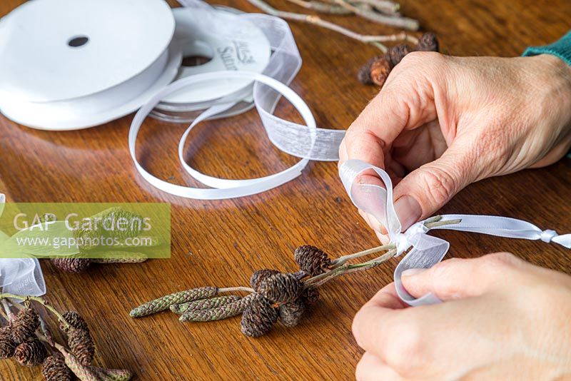 Tying white ribbon, Alder cones and Catkins together to create a festive hanging decoration