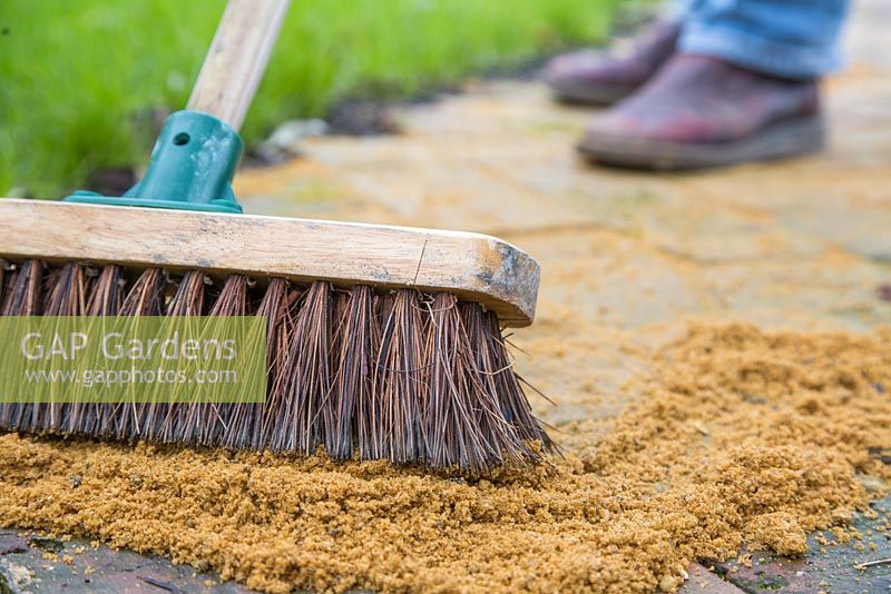 Using a broom gently brush and fill in the cracks between the bricks with coarse grit sand. 