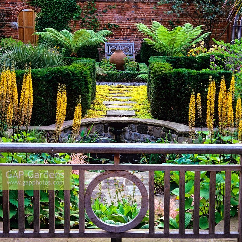 Oak balustrade overlooks sunken pool with astilbe, primula and hosta. Edged by Ligularia przewalskii. Beyond, yew hedges and sunlit tree ferns. Pot in rose bed and seat.