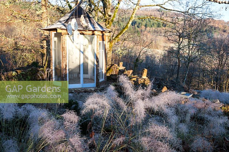View of pavilion and Muhlenbergia capillaris in frost - December, Mas de Bety, France