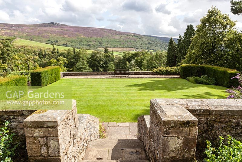 Lawn in The First Terrace, Parcevall Hall Gardens, Skyreholme, Wharfedale, North Yorkshire. August