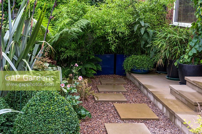 Stone steps down from house to stepping stones on gravel leading to a secret path that runs to the play area at the back of the garden. Lush green planting surrounds 