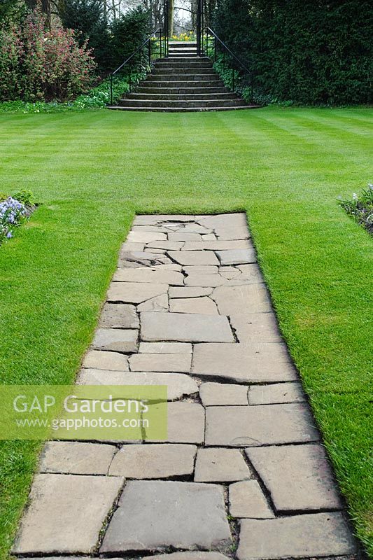 Crazy paving garden path. Yorkstone. The Fellows' Garden, Clare College, Cambridge