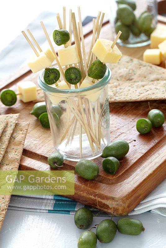 Baby kiwi fruits and cheese cubes on cocktail sticks - Actinidia arguta 'Issai'