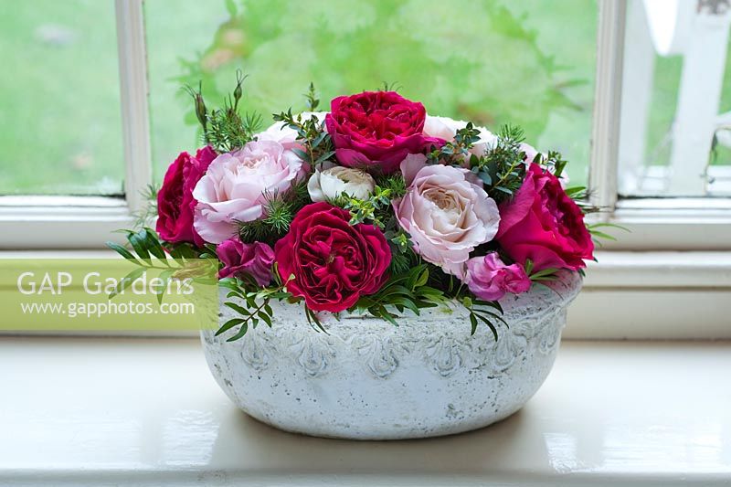 Red and pink roses in an arrangement. Cut flower roses from David Austin Roses