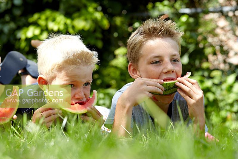 Boys eating watermelon