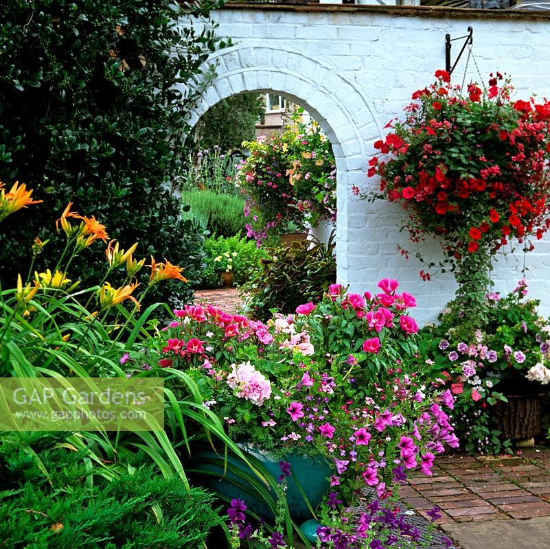 Colourful flowerbed and containers by wall with archway with view of garden beyond. Orange daylily, containers of geranium and petunia. Hanging basket of diascia, petunia, verbena and lobelia.