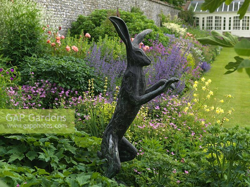 Hare sculpture in herbaceous border amidst glorious muddle of Sisyrinchium striatum, eryngium, Alchemilla mollis, hardy geranium, Aquilegia vulgaris, catmin, rose.
