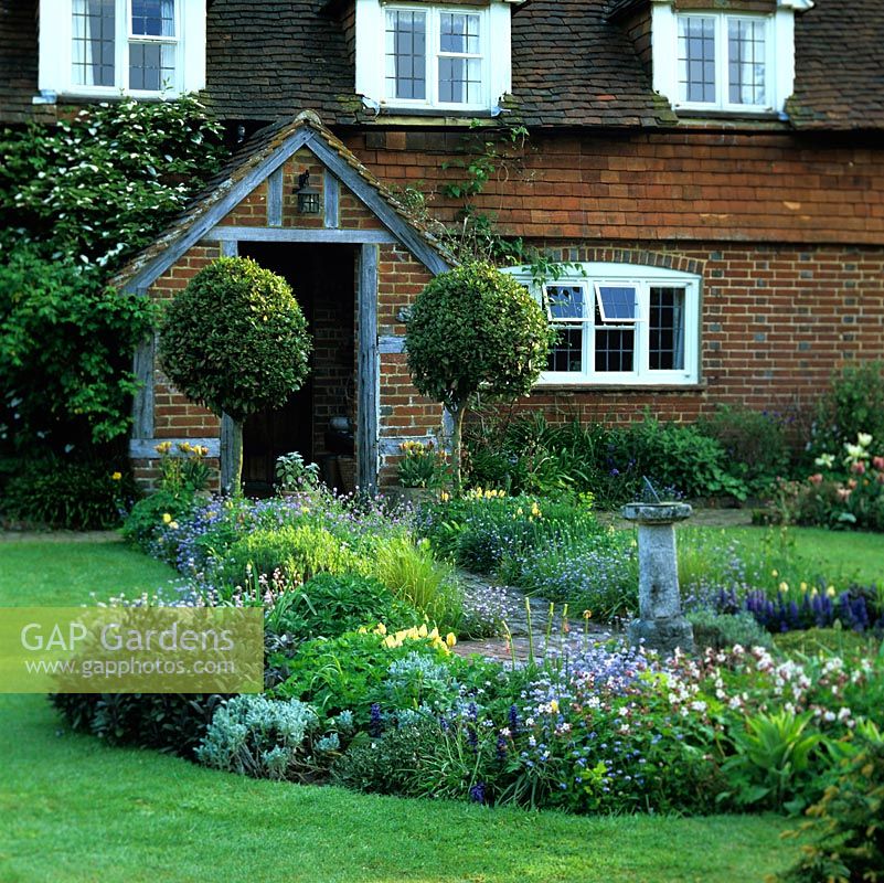 Front garden of 16th Century cottage. Sundial amidst beds of bluebells, forget-me-not, ajuga, sage, hardy geranium, chives, aquilegia and euphorbia. Clipped bay by porch.