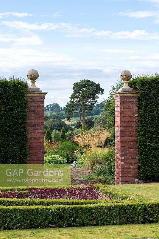 The view from the Pool Garden to the herbaceous borders, pine tree and countryside beyond set against a backdrop of the Utkinton Hills.