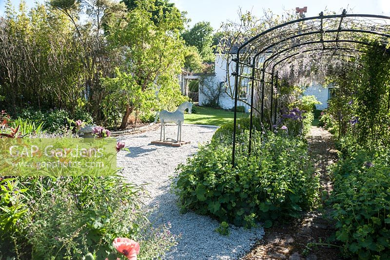 Galvanised metal horse beside pergola draped with flowering wisteria and underplanted with frothy Alchemilla mollis and purple alliums, with garden cottage and farmhouse beyond. 