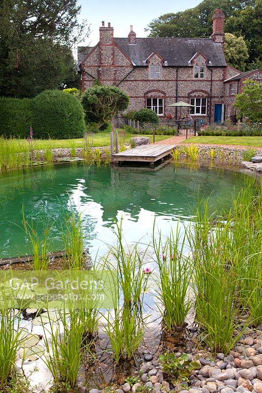 View of a house and natural swimming pond. July. 