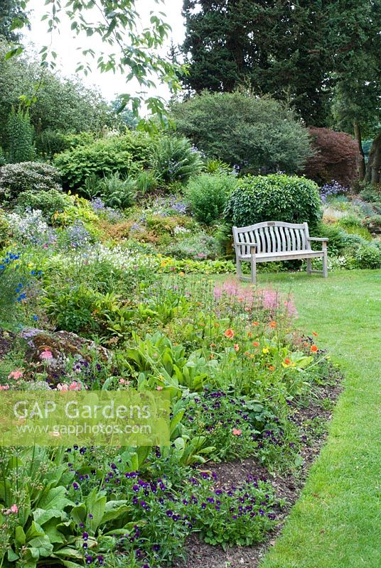 The Rock Garden in Summer with bench overlooking border with Viola, Papaver, Nigella and Astilbe - Forde Abbey, Somerset