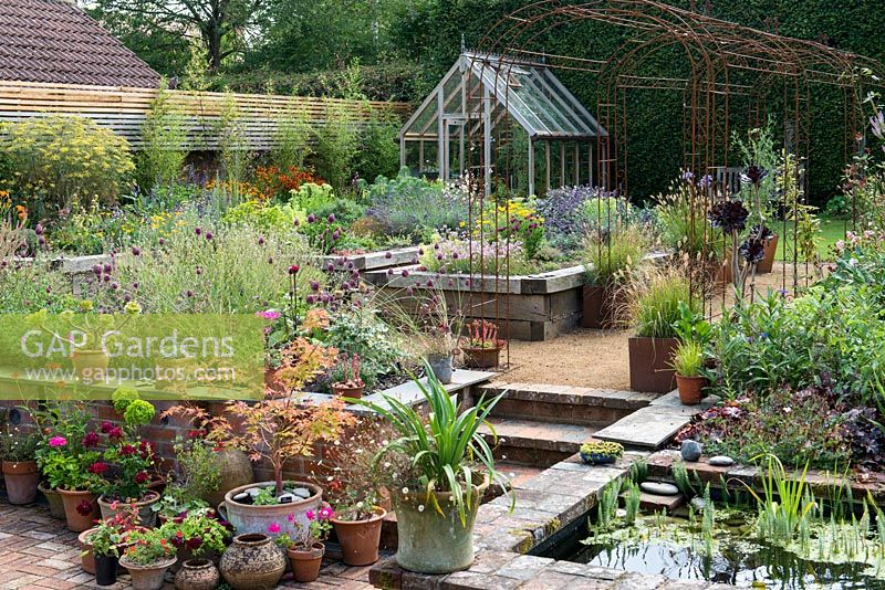A split level, enclosed village garden with raised wooden beds planted largely with herbs, borders of late flowering summer perennials, a raised pond, a sunken terrace, pots of succulents and ornamental grasses, a wrought iron pergola and greenhouse.