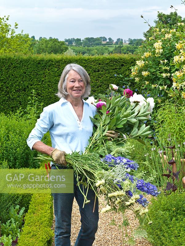 Susie Pasley-Tyler collects peonies, delphiniums, astrantia and Cephalarea gigantea for a flower arrangement in the house.