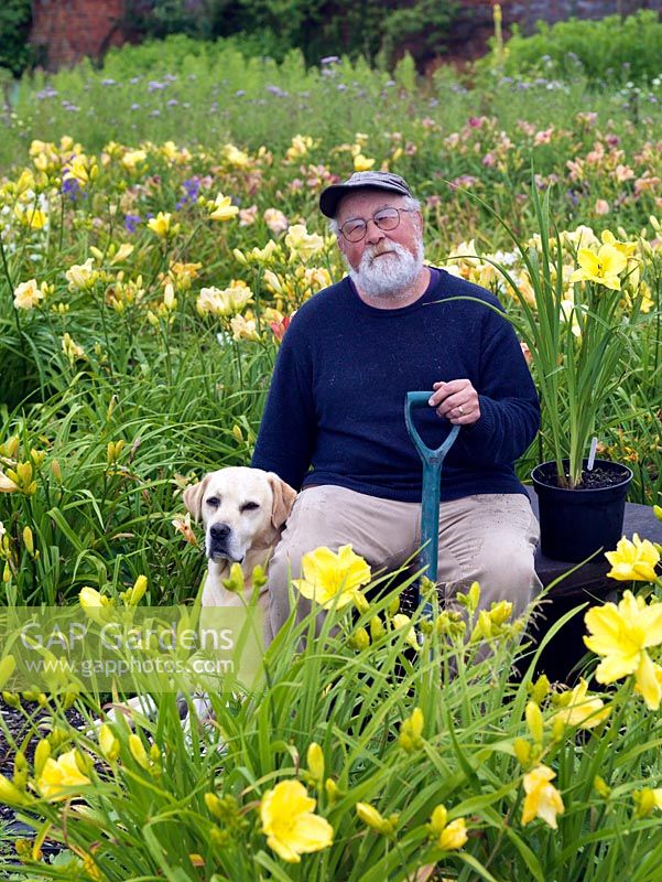 Hemerocallis specialist Mark Zenick with his dog Bryber at Mynd Hardy Plants.