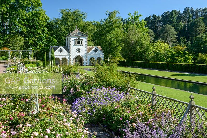 Pin Mill and The Rose Garden on the lower terrace, Bodnant Garden, North Wales. June