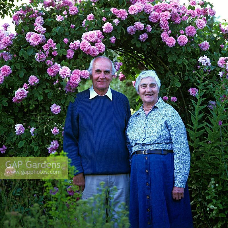 Portrait of Olive and David Mason beneath an arch of Rosa 'Ispahan', a mid pink, old Damask rose.
