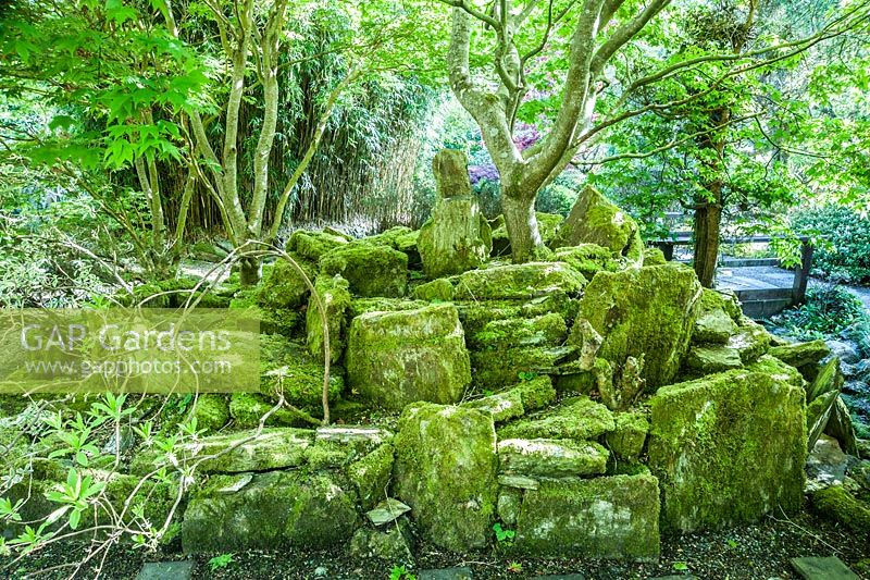 'Mountain' of moss covered stones. The Japanese Garden and Bonsai Nursery, St.Mawgan, nr Newquay, Cornwall