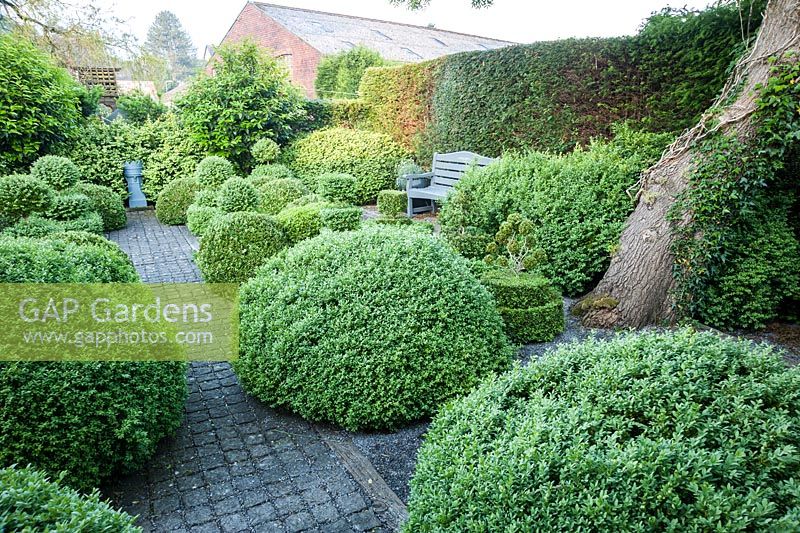 Topiary garden filled with low clipped box bushes a grey painted bench and chimney pot focal point. 