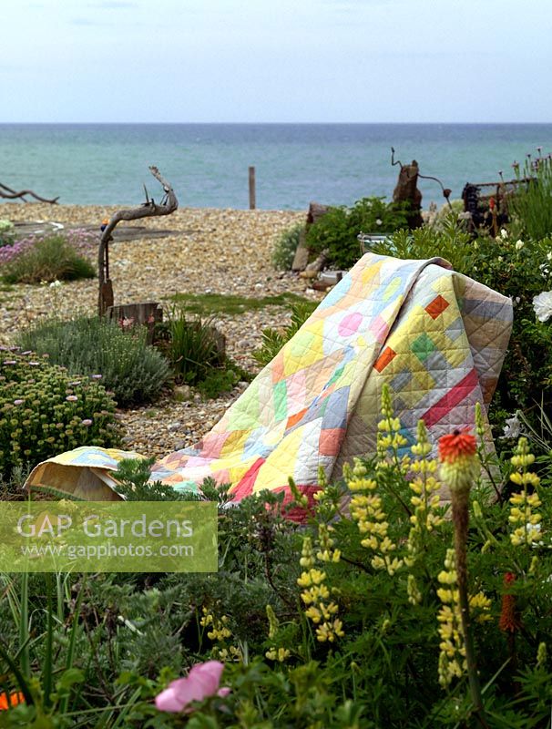 Patchwork quilt designed and made by garden owner Liz Shackleton, a textile artist