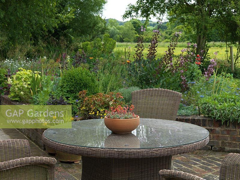 A front garden patio with table and chairs. A flowering echiveria in a pot sits on the table, the raised border behind contains dictamnus, nigella, armeria, allium and buxus.