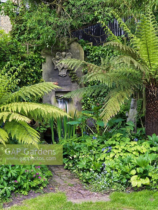 Water feature with waterfall gushing from huge stone into pool hidden in shady corner behind tree ferns