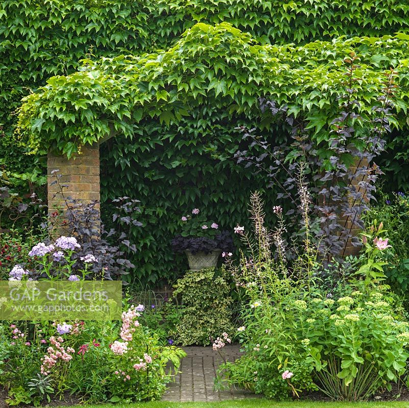 Pergola supported on brick columns, and covered in ivy, in bed of phlox, roses, sedum and lily, frames view of ivy covered plinth with pot of geranium.