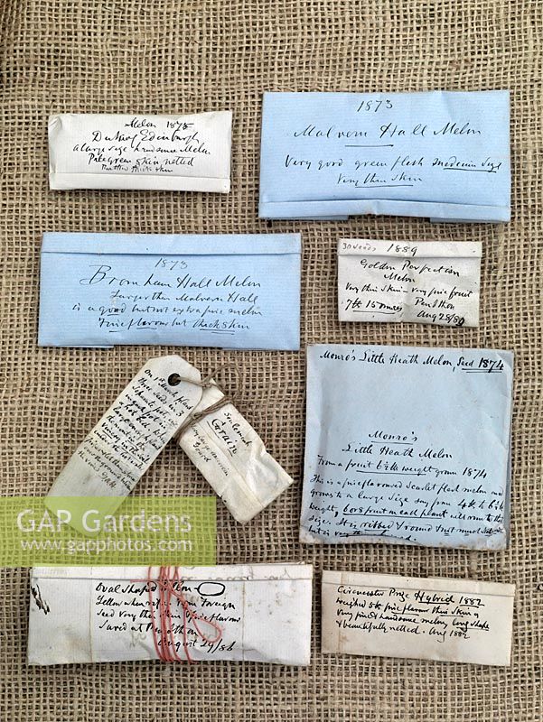 The Heritage Seed Library - a selection of vegetable seed packets. In Victorian Times, vegetable seeds were exchanged informally between friends and gardeners, and passed through generations of the same family, often accompanied by handwritten horticultural notes.
