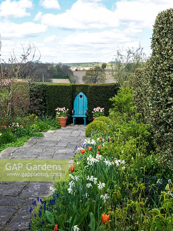 An ornamental seat draws the eye down a path lined with Tulipa Ballerina, Narcissus Thalia and Muscari armeniacum, to the Sussex countryside beyond.