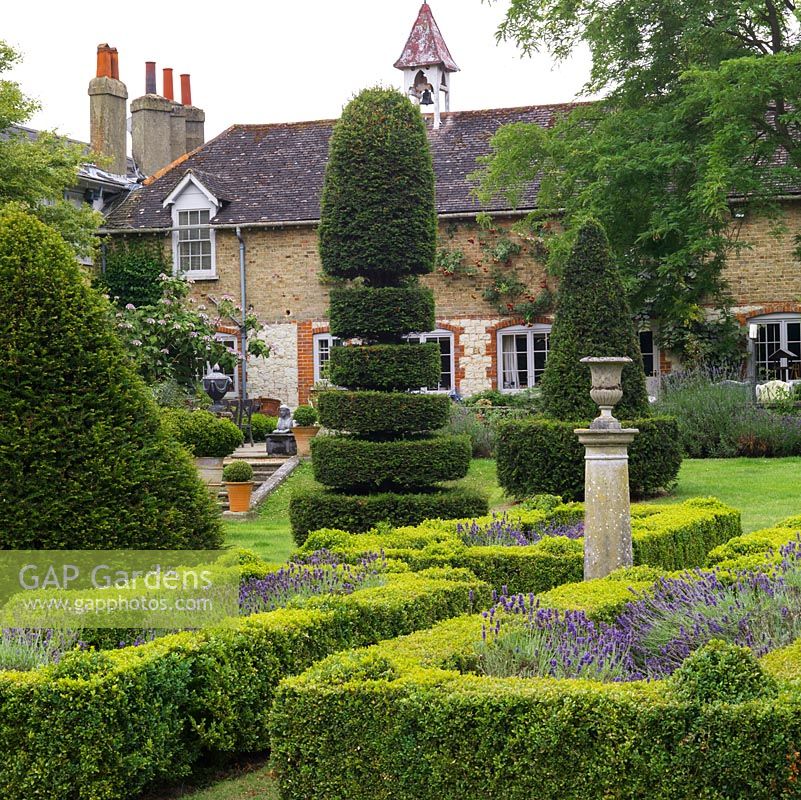 Box parterres, filled with lavender or roses, amongst huge yew topiary pieces created over 20 years.