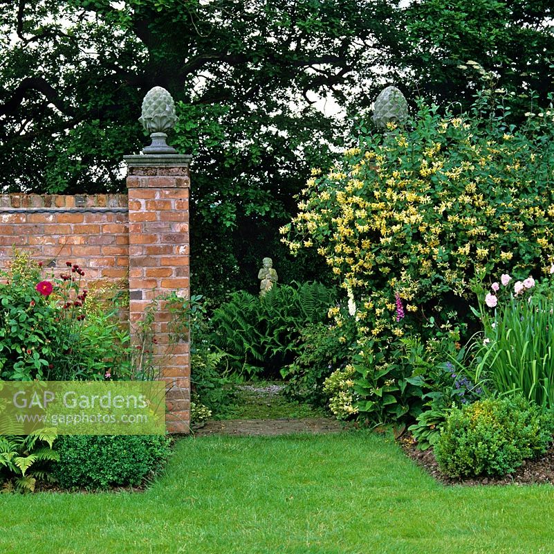 Brick pillars frame entrance to shady garden and view of statue rising above ferns. Fragrant honeysuckle - Lonicera periclymenum Graham Thomas scrambling up one side.