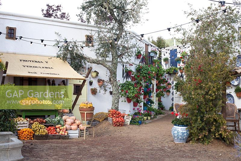 An Andalusian Moment, Best Show Garden, Malvern Spring Gardening Show 2015 depicting an Andalusian village with a fruit and veg shop, a taverna, olive trees and hidden courtyards with red geraniums against white washed walls