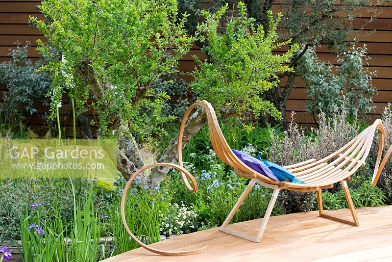 Royal Bank of Canada Garden. Detail of Wavy Bench by Tom Raffield, made from steam bent ash. Planting behind includes a mature strawberry tree - Arbutus unedo, Iris robusta 'Gerald Darby', Cistus in bud and Erigeron karvinskianus. 