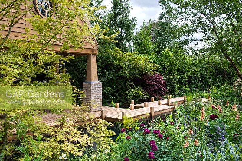The M and G Garden - The Retreat. View of wooden deck patio with bridge over natural swimming pond surrounded by flowerbeds with Rosa 'Nuits de Young', Rosa 'Chianti', Salvia nemorosa 'Caradonna', Verbascum 'Cotswold beauty' and Acer