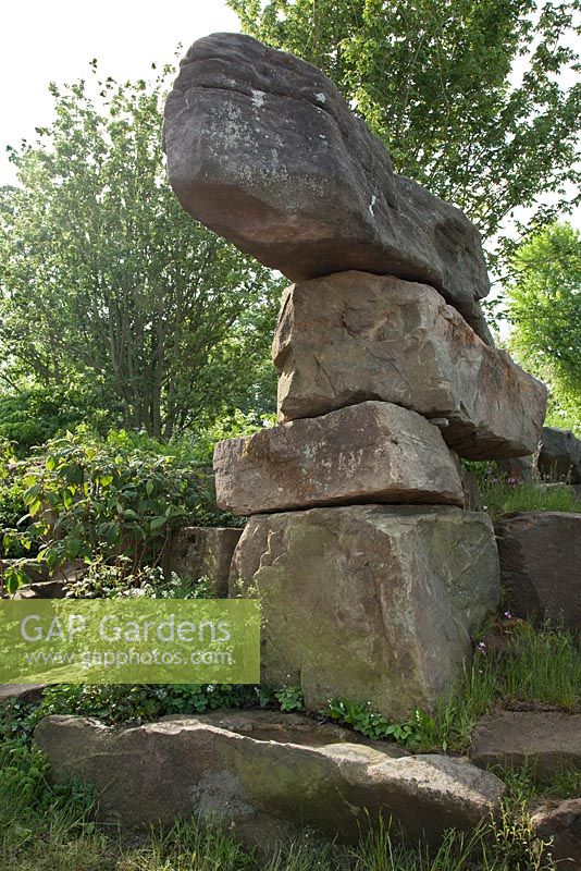 The Laurent-Perrier Chatsworth Garden. A stack of carefully balanced boulders